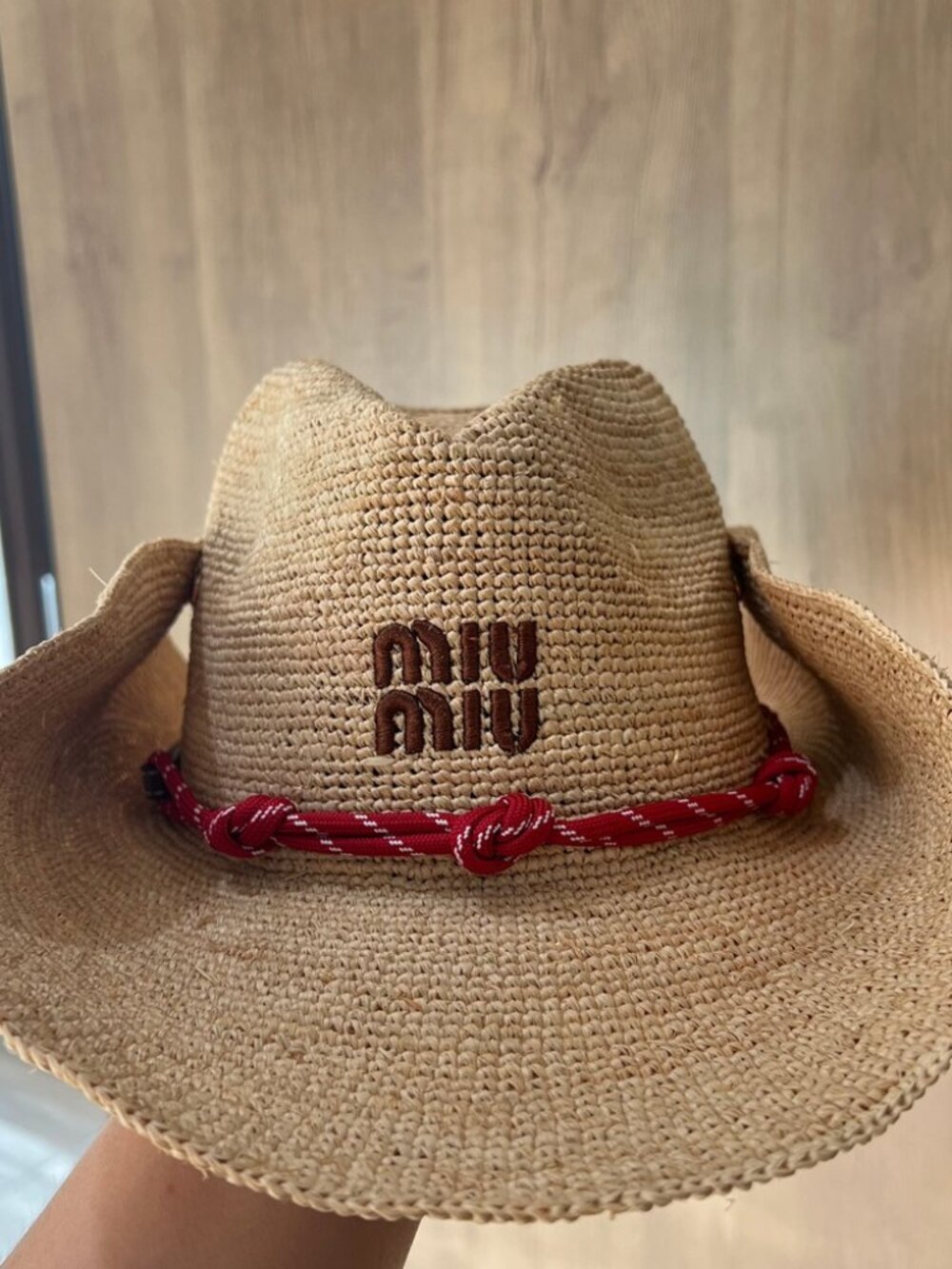 Miu Miu Raffia Cowboy Straw Hat Red Rope Detail